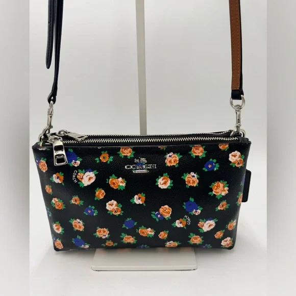 Coach F57628 Floral Double Zip Crossbody Bag Black Multicolor Floral - Picture 1 of 9